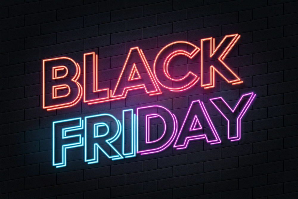 Glowing,Neon,Black,Friday,Sign,On,Dark,Background,With,Futuristic